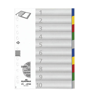 Kunststoffregister 6740 27, 10-teilig blanko, A4, 120µm, farbige Taben, 10-teilig