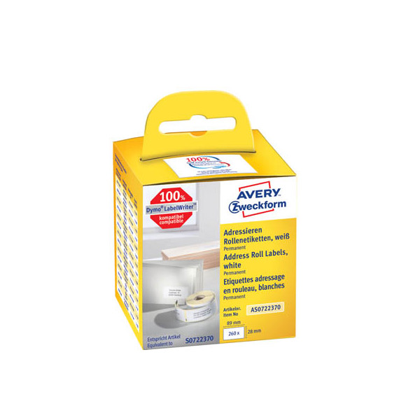4004182617021 - AVERY Zweckform Adressetiketten Kompatibel AS0722370 Selbsthaftend Schwarz auf Weiß 28 x 89 mm Thermal 2 Rolle à 130 Etiketten