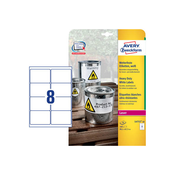 4004182048344 - Heavy Duty Laser Labels - Selbstklebende Polyesterfolie - weiß - 991 x 677 mm - 160 Etikett(en) (20 Bogen x 8) - (L4715-20) (L4715-20) - Avery