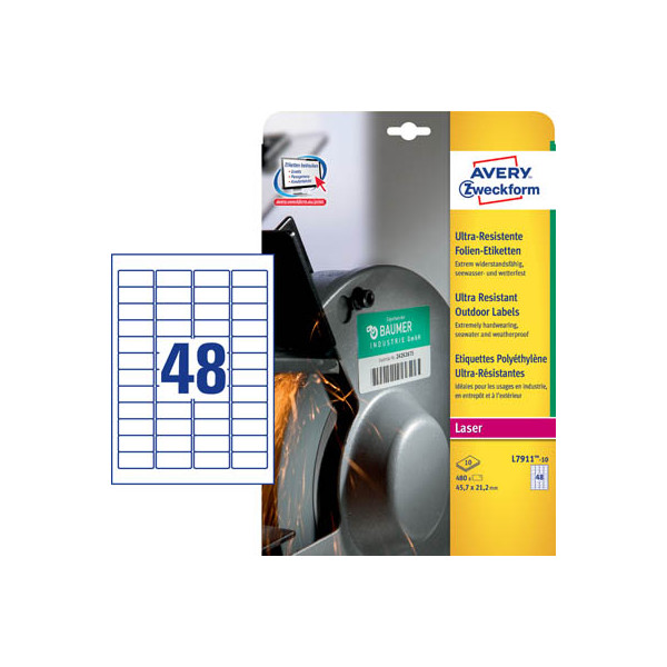 4004182068083 - Etiketten L7911-10 ultraresistent geeignet für Laserdrucker 457 x 212 mm 480 Stück PE-Folie weiß