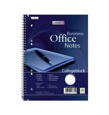 Collegeblock 100050258 Office, liniert / liniert, A5+, 70g, blau, 80 Blatt
