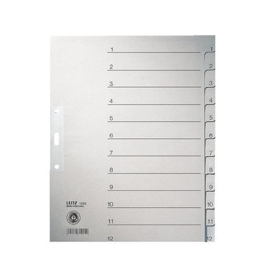 Kartonregister 1233-00-85, 1 bis 12, A4+, 100 g/m², graue Taben, 12-teilig