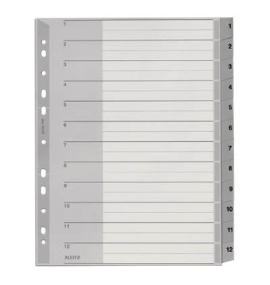 Kunststoffregister 1282-00-00, 1 bis 12, A4+, 120&micro;m, graue Taben, 12-teilig