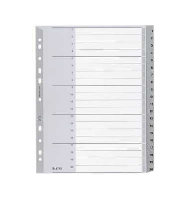 Kunststoffregister 1284-00-00, 1 bis 20, A4+, 120µm, graue Taben, 20-teilig