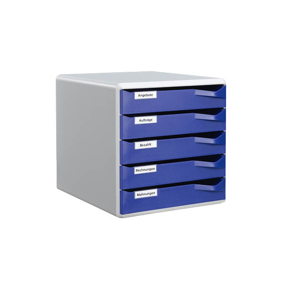 4002432324408 - Certeo - Schubladenbox 5 Schubladen din A4 Überbreite Polystyrol Gehäusefarbe lichtgrau Farbe der Schublade blau