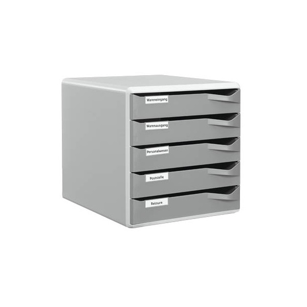 4002432311255 - Certeo - Schubladenbox 5 Schubladen din A4 Überbreite Polystyrol Gehäusefarbe lichtgrau Farbe der Schublade dunkelgrau