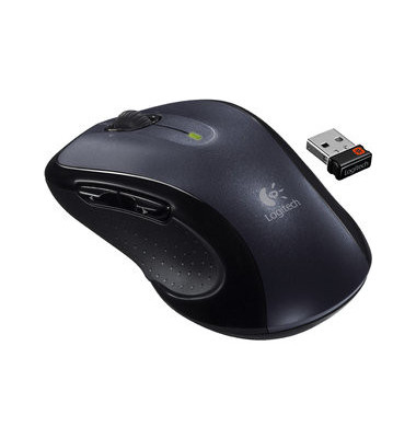 PC-Maus M510 910-001826, 7 Tasten, kabellos, USB-Funk, Rechtsh., ergonomisch, Unifying, fast jeder Untergrund, Laser, schwarz