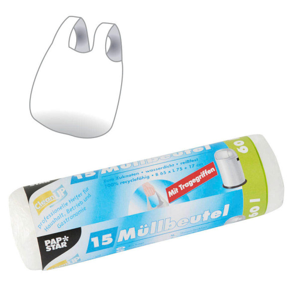 4002911120880 - PAPSTAR Müllsäcke 60 L Tragegriff Transparent HDPE (Hochdichtes Polyethylen) Tragegriff 15 Stück 4002911120880 - PAPSTAR Müllsäcke 60 L Tragegriff Transparent HDPE (Hochdichtes Polyethylen) Tragegriff 15 Stück
