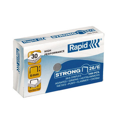 Heftklammern High Perfomance Strong 26/6, 24861400, Stahldraht verzinkt, Heftleistung 30 Blatt max.