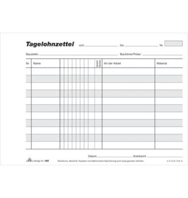 Tagelohnzettel 182 A5 selbstdurchschreibend 3x 40 Blatt