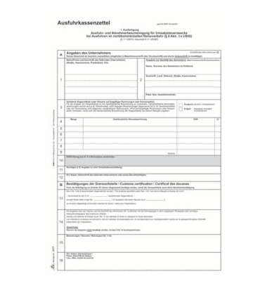 Ausfuhrkassenzettel Abnehmerbescheinigung Umsatzsteuer 2277 A4 selbstdurchschreibend 1x 3 Blatt