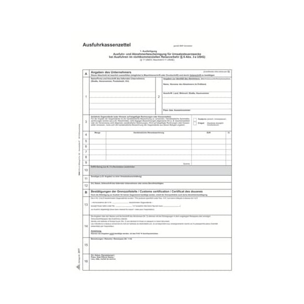 50 Stück RNK Ausfuhrkassenzettel Abnehmerbescheinigung Umsatzsteuer 2277 A4 selbstdurchschreibend 1x 3 Blatt 4002871227704 RNK