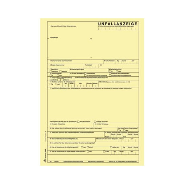 25 Stück RNK Unfallanzeige 2865 für Arbeitsunfall A4 selbstdurchschreibend 1x 5 Blatt