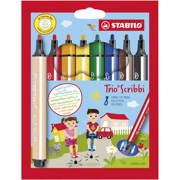 4006381343626 - STABILO Gefederter Dreikant-Filzstift -  Trio Scribbi - 8er Pack - mit 8 verschiedenen Farben