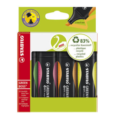 Textmarker-Set GREEN BOSS, 6070/4, Etui, farbig sortiert (gelb/gr&uuml;n/orange/pink), 2-5mm Keilspitze