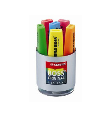 Textmarker-Set BOSS ORIGINAL, 7006, Box (Rundbox 6 #), farbig sortiert (gelb/blau/gr&uuml;n/pink/rot/orange), 2-5mm Keilspitze