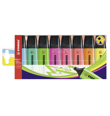 Textmarker-Set BOSS ORIGINAL, 70/8, Etui, gelb/blau/gr&uuml;n/rrot/t&uuml;rkis/orange/pink/lila, 2-5mm Keilspitze