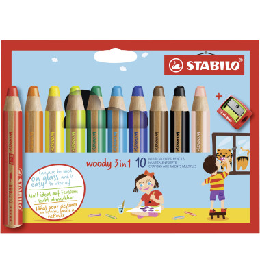 Buntstifte-Set STABILO woody 3 in 1, 880/10-2, 10-farbig sortiert, rund, jumbo, Packung