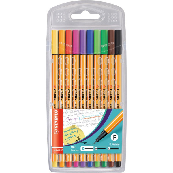 Stabilo Fineliner-Set point 88, 8810, orange, weiße Streifen (Schreibfarbe: 10-farbig sortiert), 0,4mm