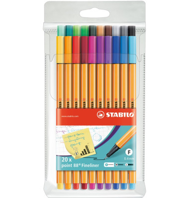 Fineliner-Set point 88, 8820, orange, wei&szlig;e Streifen (Schreibfarbe: 20-farbig sortiert), 0,4mm