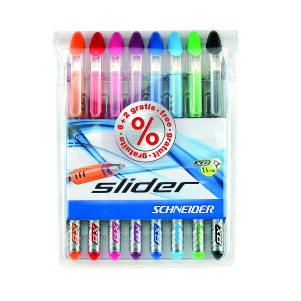 Schneider Kugelschreiber Slider Basic 50-151298, schwarz / rot / blau / hellgrün / orange / violett / pink / hellblau, 0,7mm, Einweg 40046 8 Stück