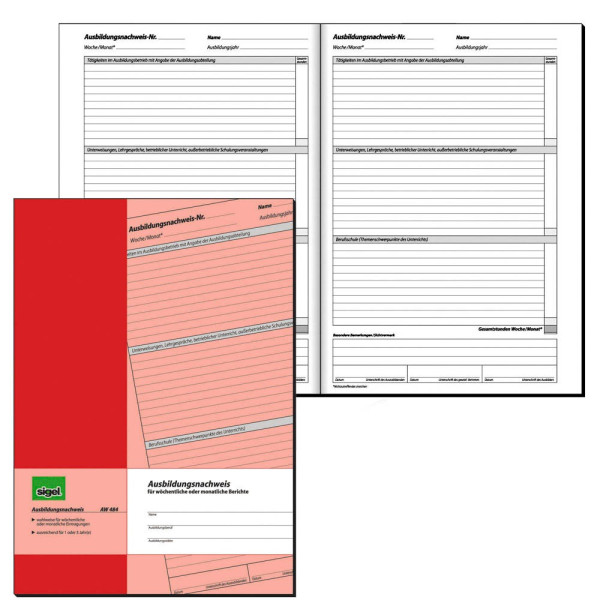 25 Stück Sigel Ausbildungsnachweis AW484 für wöchentlich oder monatliche Berichte, A4, 1x 28 Blatt 4004360973598 Sigel