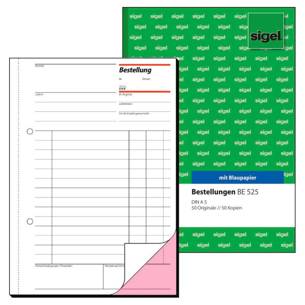 30 Stück Sigel Bestellung BE525 1.und 2. Blatt bedruckt A5 hoch mit Blaupapier 2x50 Blatt 4004360910111 Sigel