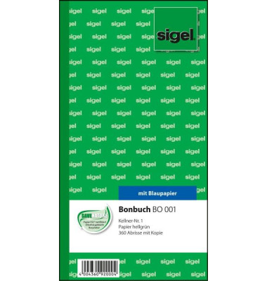 Bonbuch BO001 360 Abrisse mit Kellnernummer hellgrün 105x200mm 2x60 Blatt