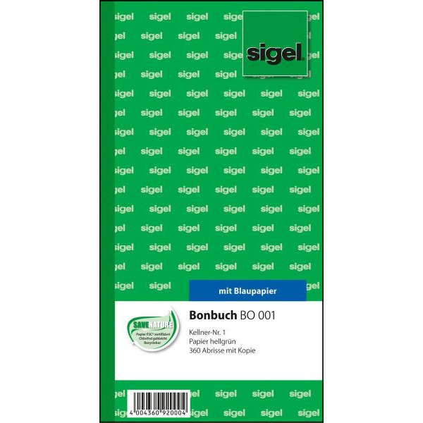 4004360920004 - Bonbuch BO001 360 Abrisse mit Kellnernummer hellgrün 105x200mm 2x60 Blatt 4004360920004 Sigel