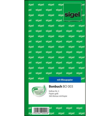 Bonbuch BO003 360 Abrisse mit Kellnernummer hellgelb 105x200mm 2x60 Blatt