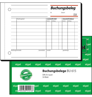 Buchungsbeleg BU615 A6 quer 50 Blatt