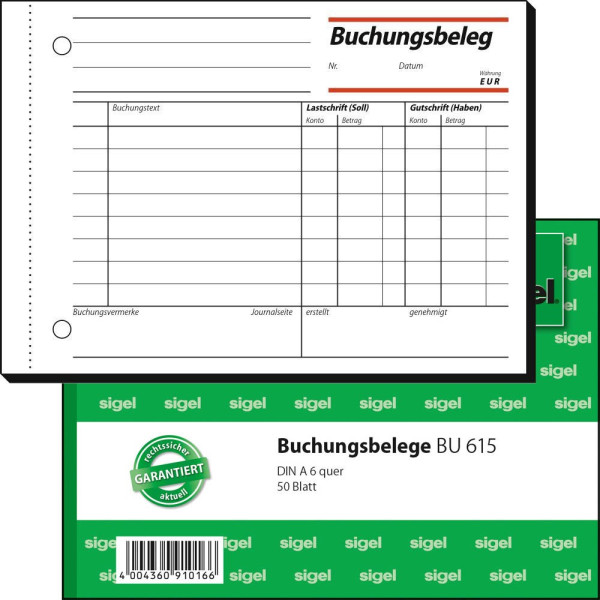40 Stück Sigel Buchungsbeleg BU615 A6 quer 50 Blatt 4004360910166 Sigel