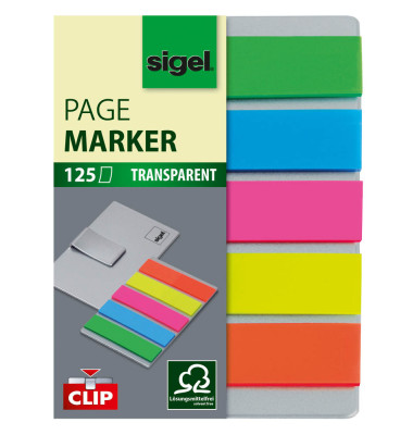 Haftmarker HN610, Haftmarker transparent mit Clip, 52x82mm, 5-farbig sortiert, ohne, rechteckig