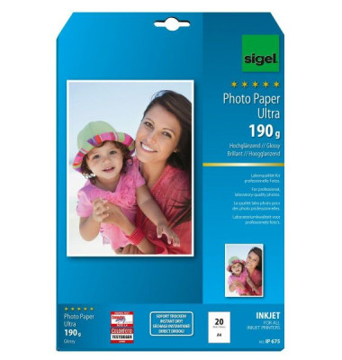 Fotopapier Ultra IP675, A4, für Inkjet, 180g superweiß hochglänzend einseitig bedruckbar