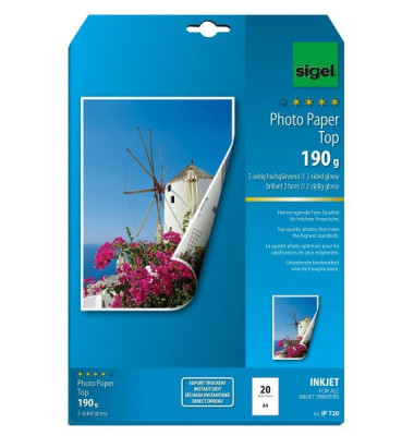 Fotopapier Top IP720, A4, für Inkjet, 190g hochweiß hochglänzend beidseitig bedruckbar