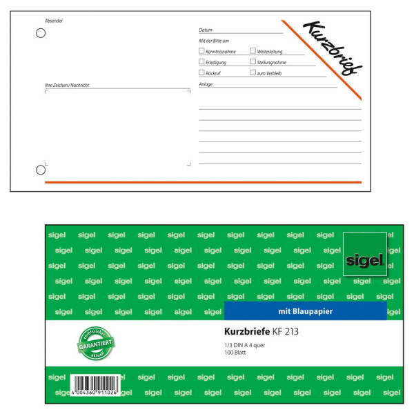 4004360911026 - Kurzmitteilung Kurzbrief KF213 1 3 A4 quer mit Blaupapier 4004360911026 Sigel