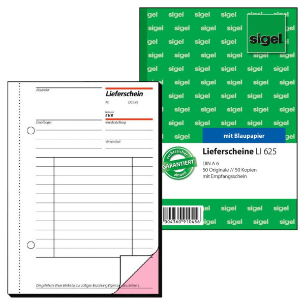 4004360910456 - sigel Lieferschein mit Empfangsschein Formularbuch LI625 - 2 x 50 Blatt