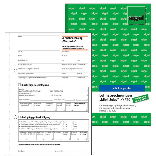 4004360910609 - Lohnabrechnung für Mini-Jobs LO519 Kurzfristige und geringfügige Beschäftigung mit genauer Arbeitszeiterfassung A5 1x 50 Blatt