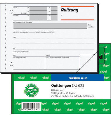 Quittungsblock QU625 mit MwSt. Nachweis A6 quer