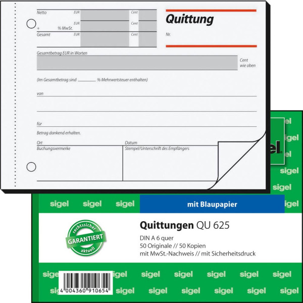 4004360910654 - sigel® Quittungen mit MWSt-Nachweis QU625 DIN A6 quer 2 x 50 Blatt
