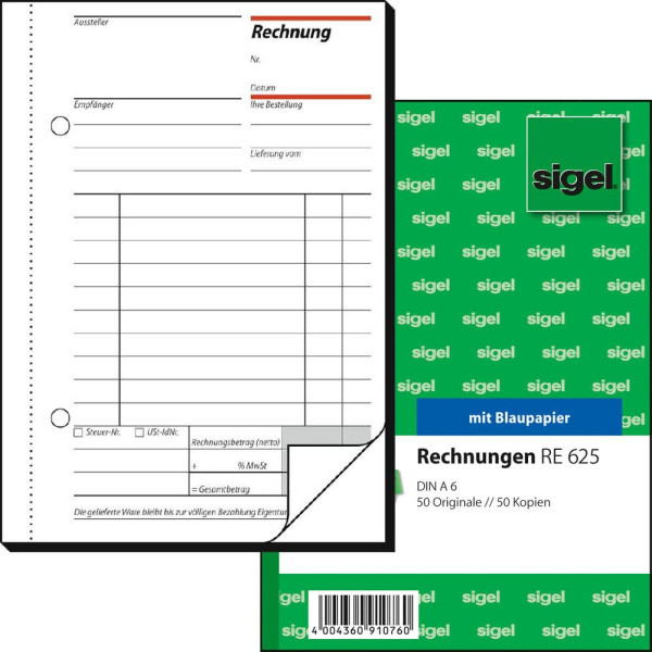 4004360910760 - SIGEL Kassenformulare Rechnung Rechnung A6 KP RE625 DIN A6 2x 50 Seiten