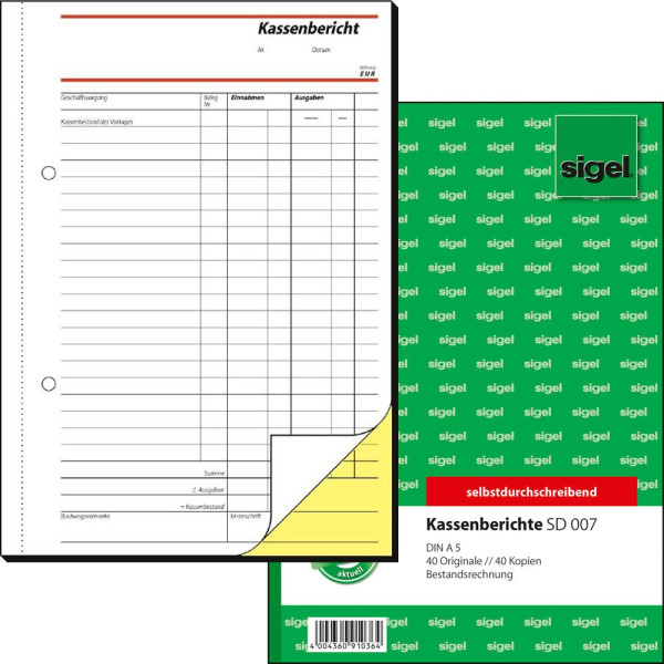 15 Stück Sigel Kassenbericht SD007 A5 selbstdurchschreibend 2x40 Blatt 4004360910364 Sigel