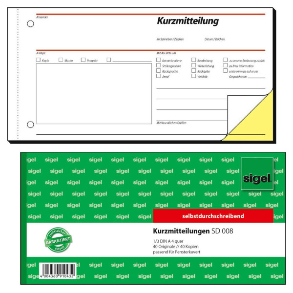 4004360910432 - - Kurzmitteilung 1 3 din A4 quer selbstdurchschreibend 1 Durchschlag 2 x 40 Bl
