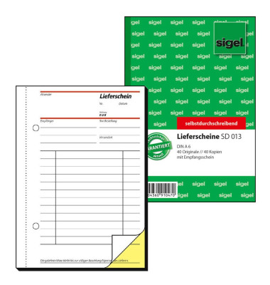 Lieferschein SD013 mit Empfangsschein selbstdurchschreibend A6 hoch 2x40 Blatt