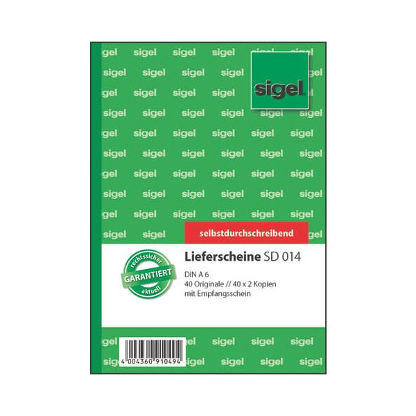 20 Stück Sigel Lieferschein SD014 A6 hoch selbstdurchschreibend 3x40 Blatt 4004360910494 Sigel
