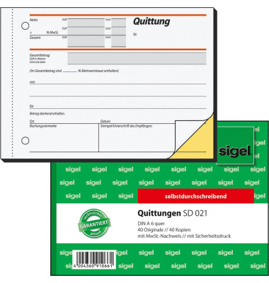 Quittung SD021 mit MwSt. selbstdurchschreibend A6 quer