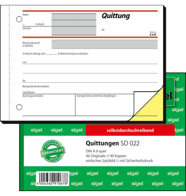 Quittung SD022 A6 quer 2 x 40 Blatt Quittung SD022 A6 quer 2 x 40 Blatt