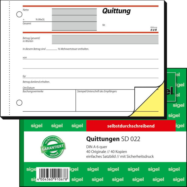 4004360910678 - - Quittungsblock din A6 quer selbstdurchschreibend 1 Durchschlag 2 x 40 Bl