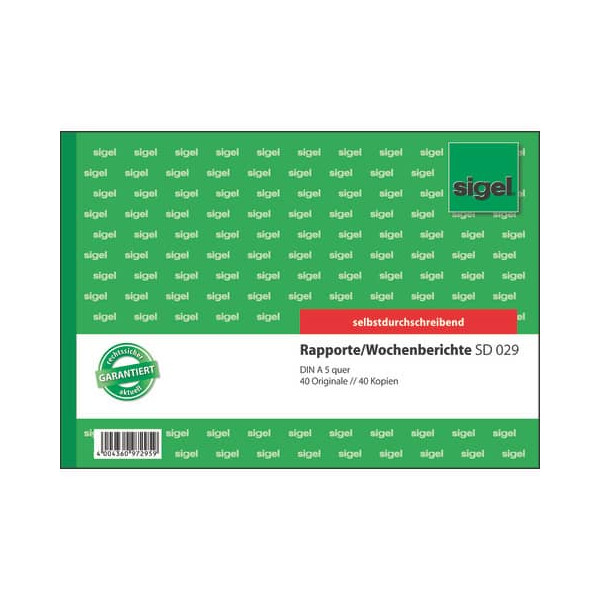 20 Stück Sigel Rapport/Wochenbericht SD029 A5 2x40 Blatt 4004360972959 Sigel