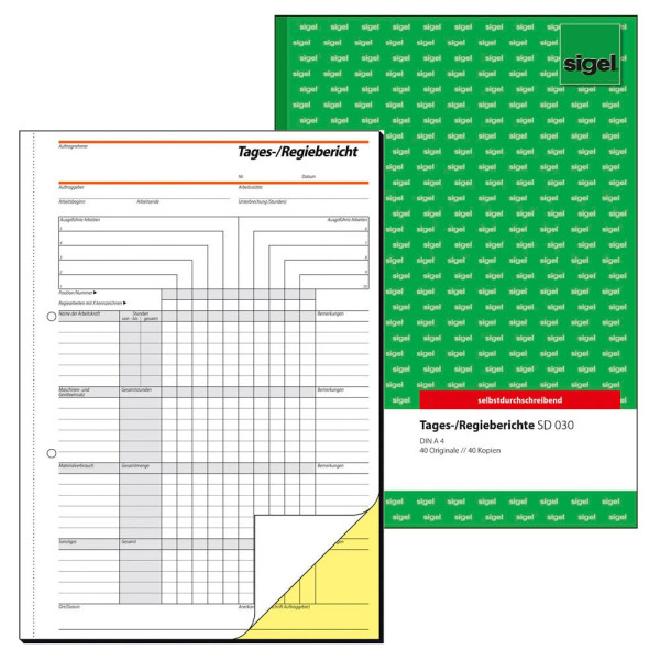 10 Stück Sigel Tages-/Regiebericht SD030 A4 1. und 2. Blatt bedruckt selbstdurchschreibend 2x40 Blatt 4004360972966 Sigel
